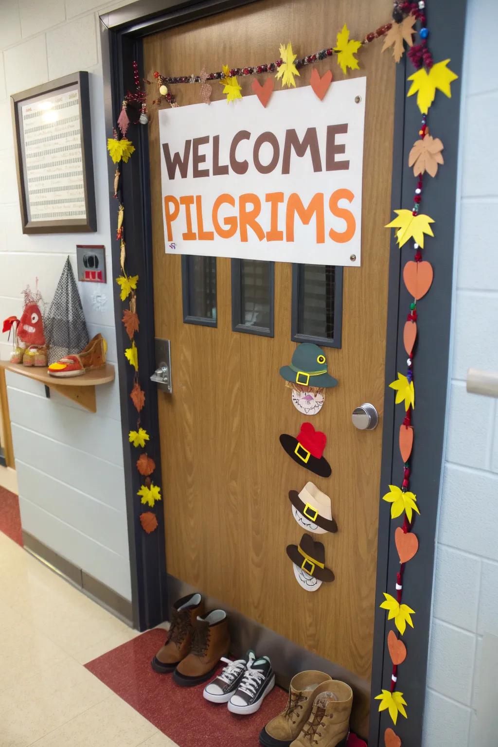 A Pilgrim-themed door that welcomes students to a historical Thanksgiving experience.