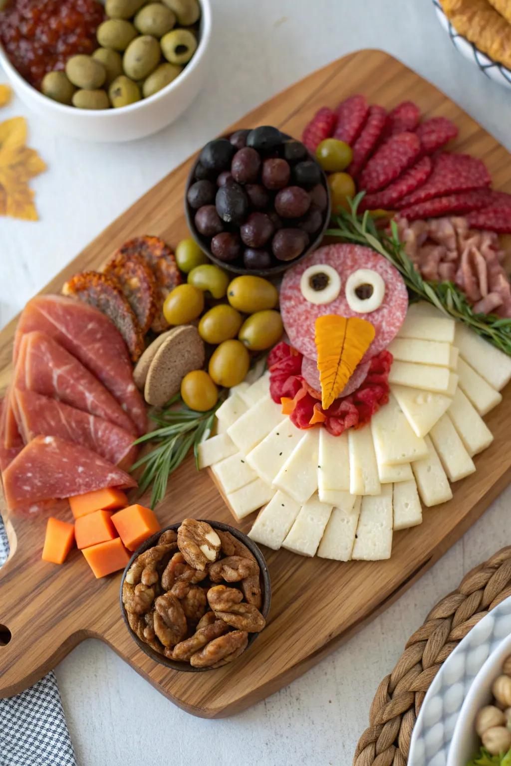 A rustic turkey-shaped charcuterie display for those who enjoy cured meats.