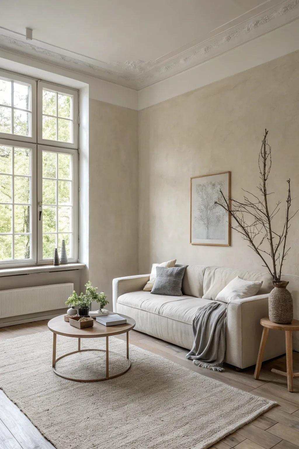 A minimalist living room featuring a clean and tranquil design.