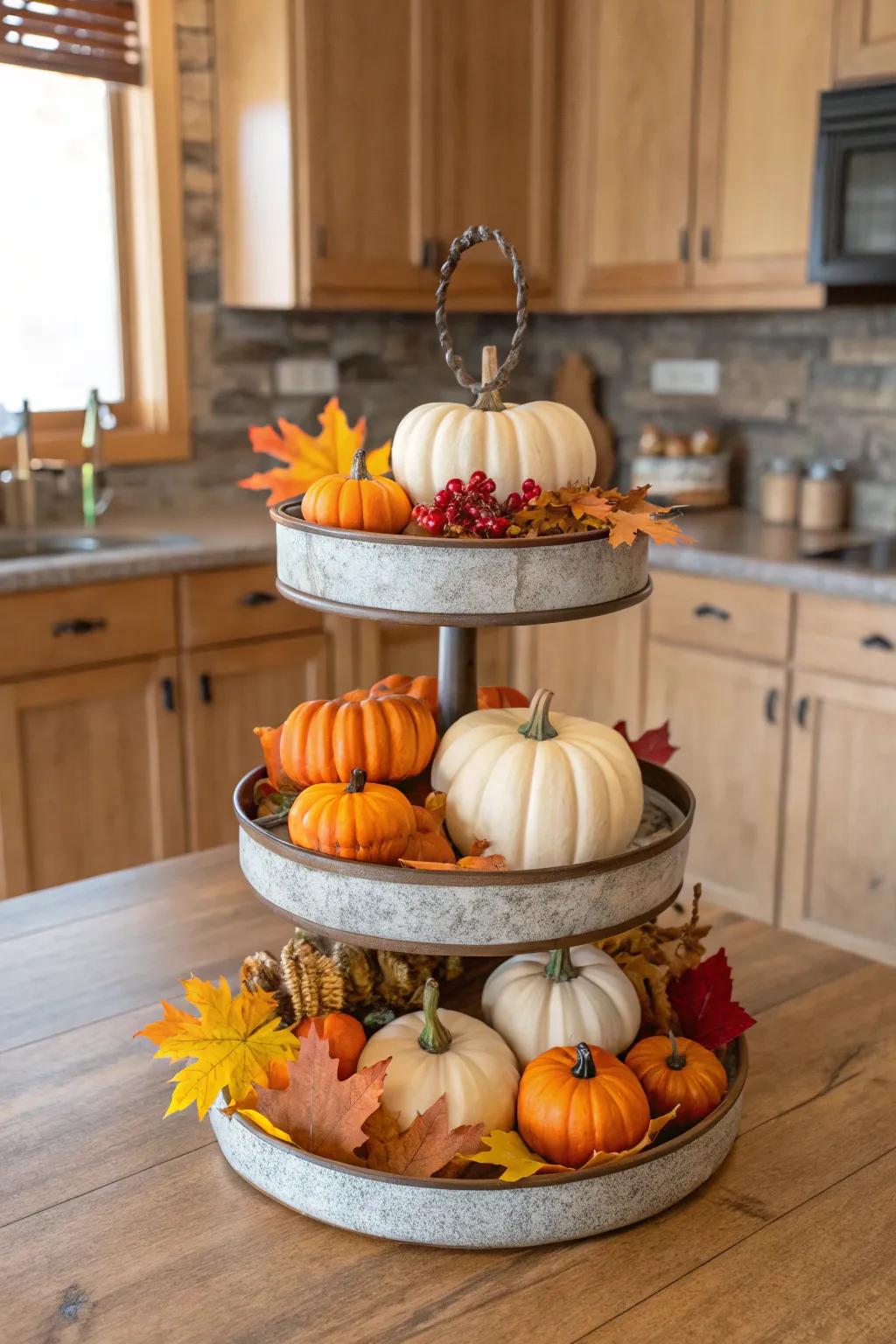 An autumn-themed tiered tray that brings the harvest indoors.