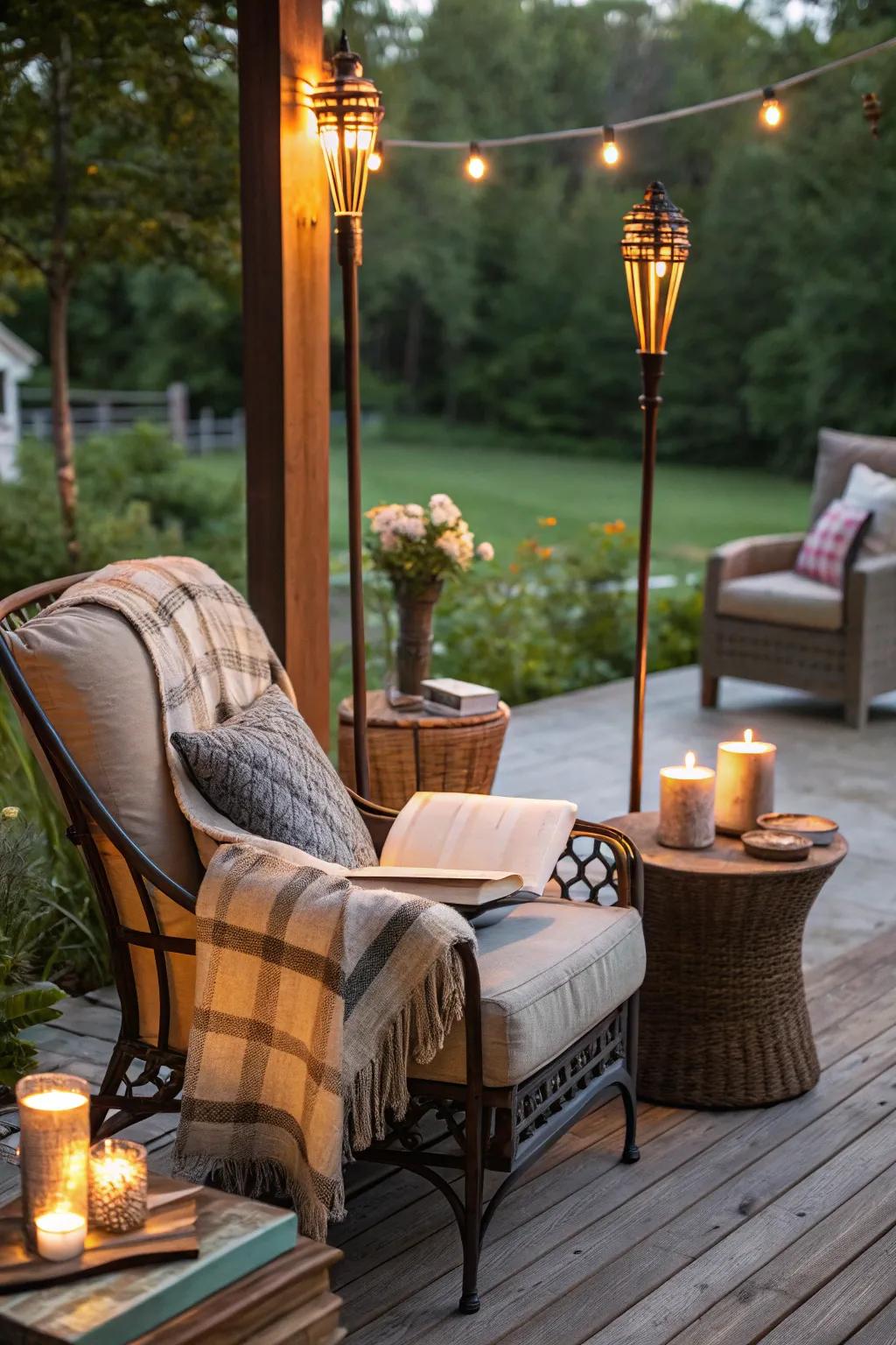 Craft an inviting patio nook with the cozy glow of <strong><em>tiki torches</em></strong>.” loading=”lazy” class=”pimg”>
	</picture><figcaption>Craft an inviting patio nook with the cozy glow of <strong><em>tiki torches</em></strong>.</figcaption></figure>
<p>Emphasize the cozy recesses of your patio with thoughtfully positioned <strong><em>tiki torches</em></strong>. I’ve discovered it perfects a serene reading alcove beneath the starry expanse.</p>
<h3>Consider these options:</h3>
<ul class=