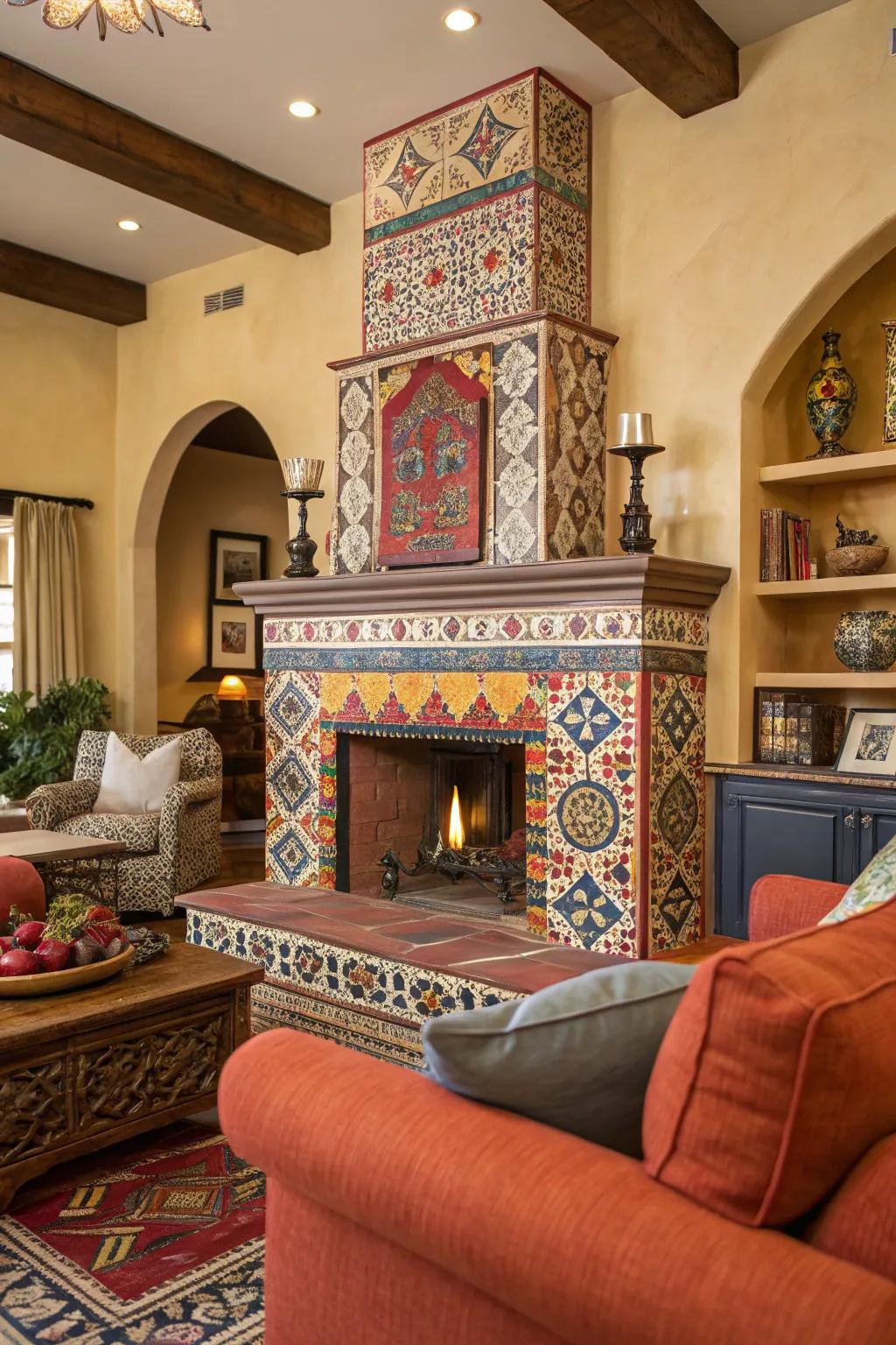 Audacious designs transform this fireplace into an alluring focal point.