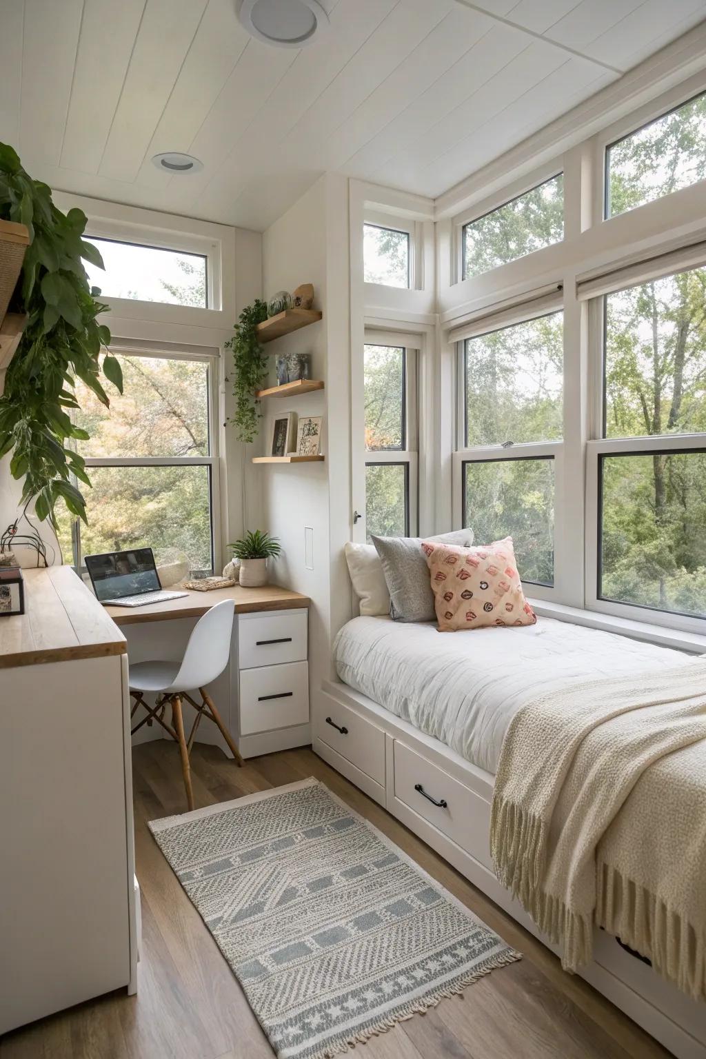 Large windows brightening up the tiny bedroom with natural light.