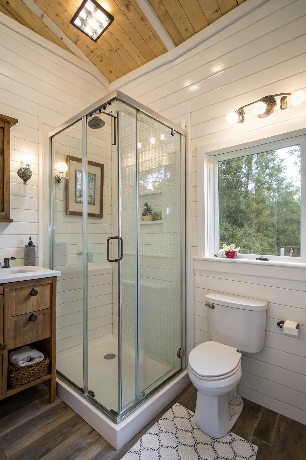 A corner shower cleverly maximizes space in this tiny bathroom.