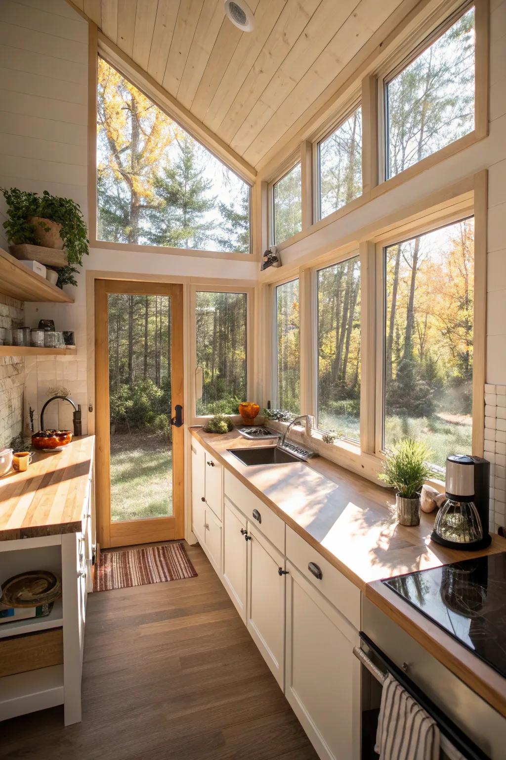 Sunlight transforms a small kitchen into a haven of warmth.