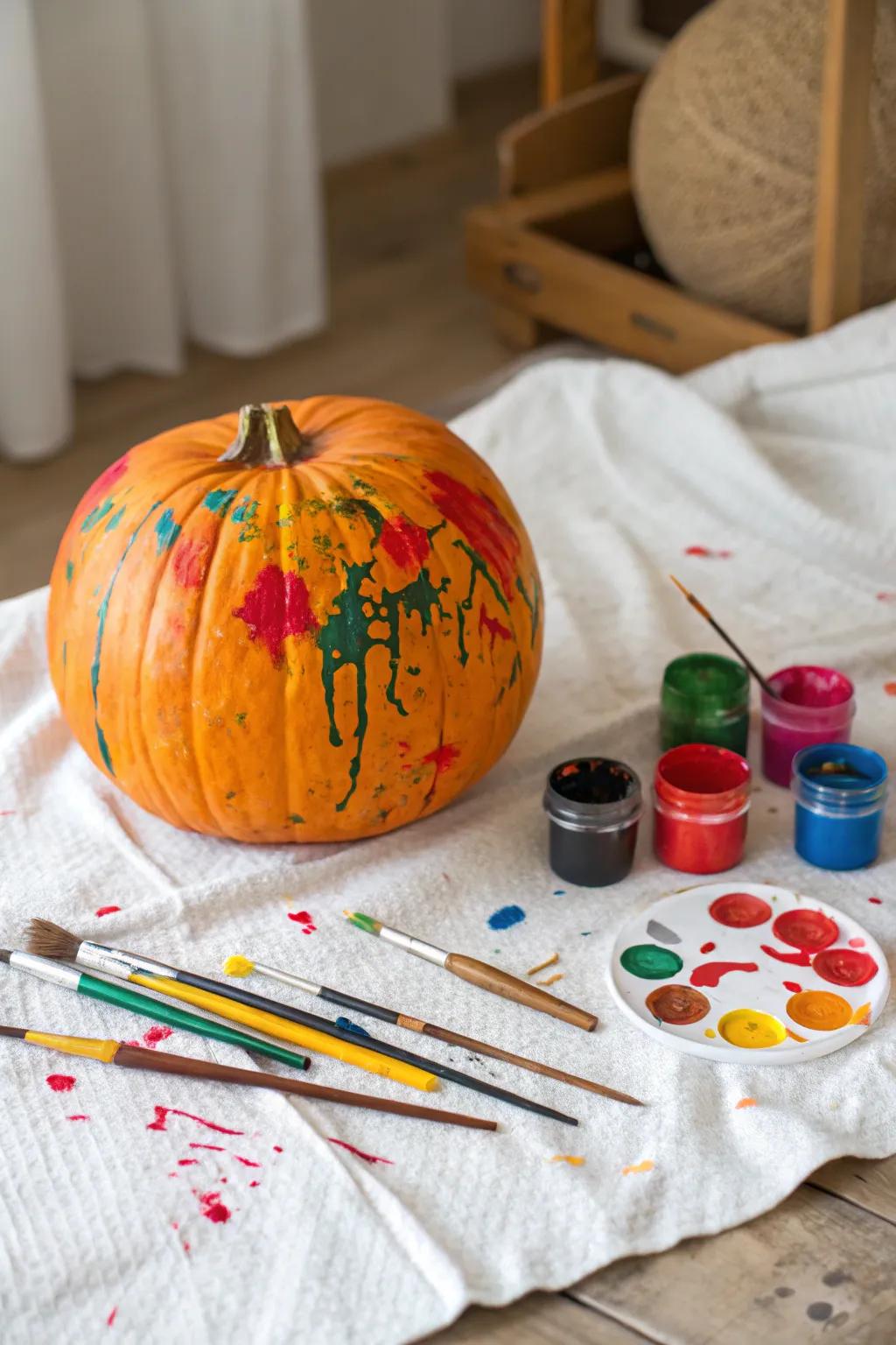 Unleash your toddler's creative potential through paint-splattered pumpkins.
