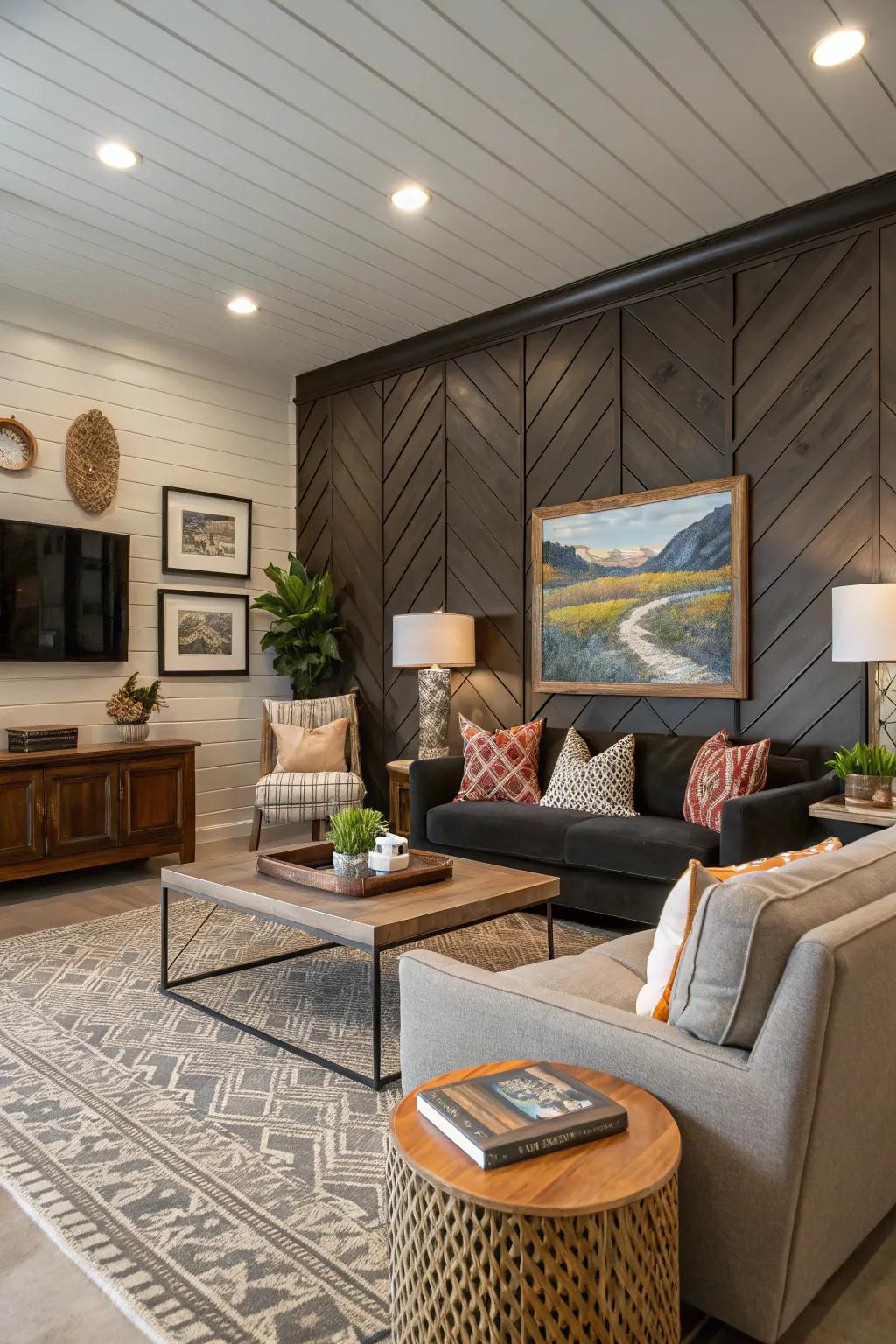 A strong, visually striking feature wall composed with interlocking plank panels elevates this lounge.