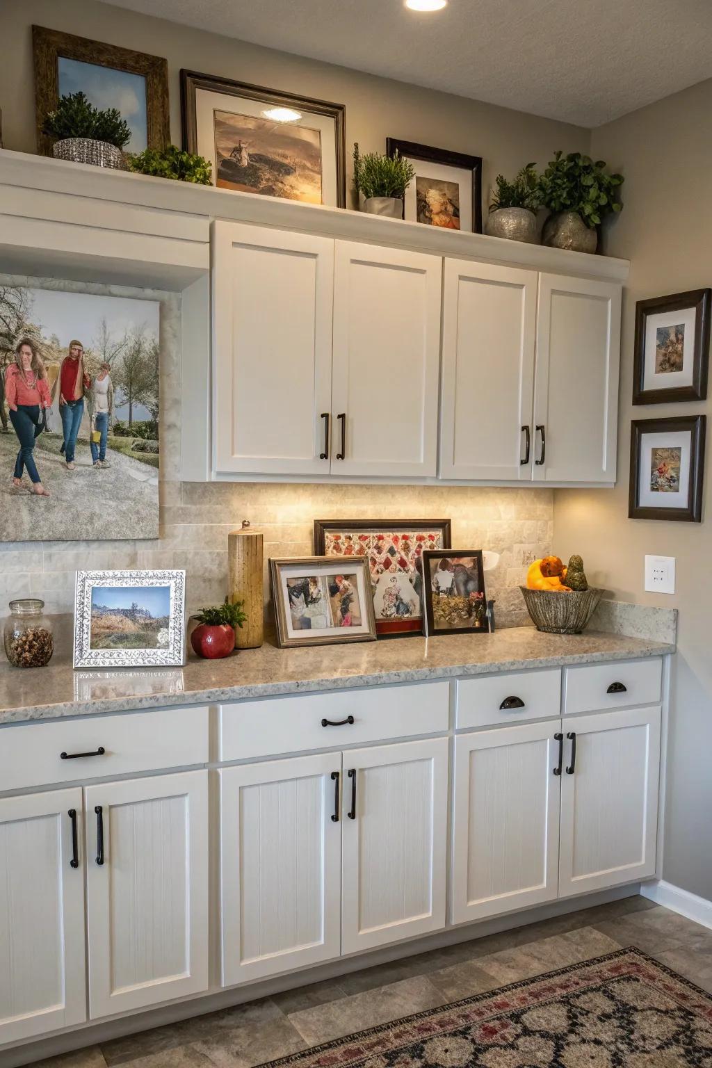 Personalize your kitchen with captivating art and treasured photos above your cabinets.