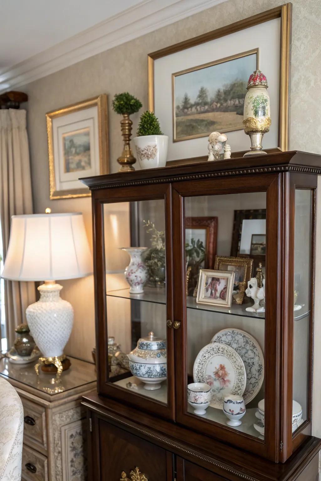 Artistic items contribute individuality and charm to the cabinet’s surface.