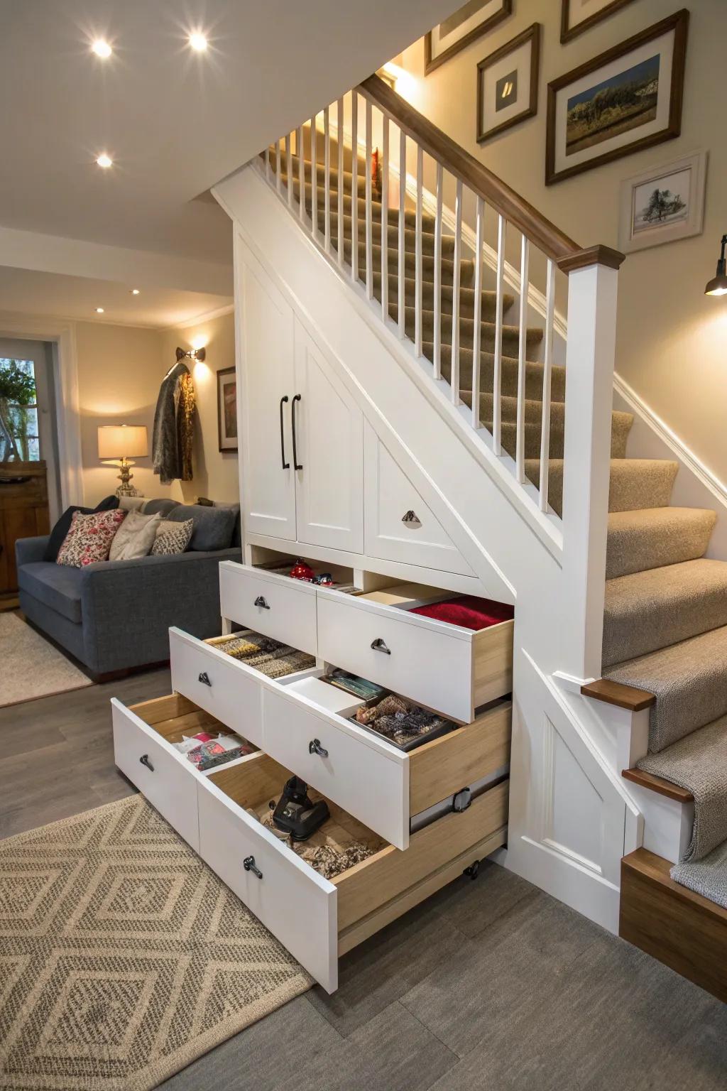 Ingenious under-stair storage keeps clutter out of sight.