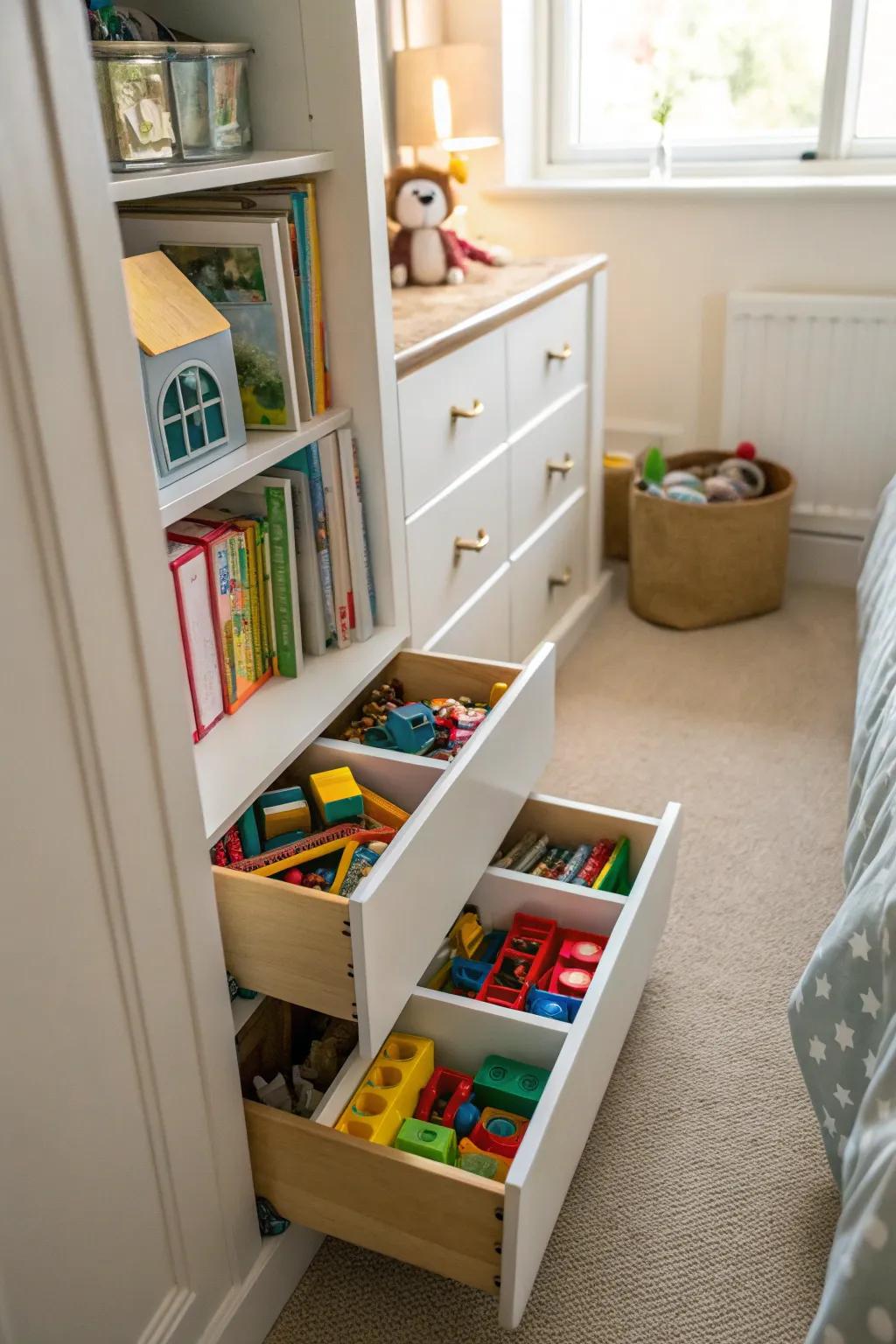 Small drawer systems arrange toys while ensuring accessibility.