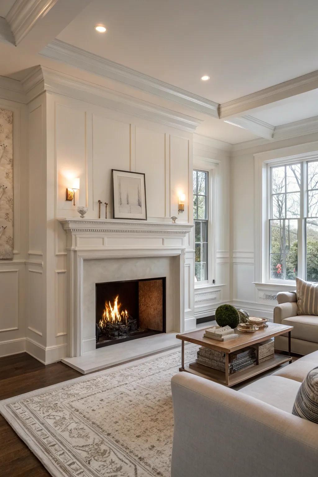 A fireplace painted in sync with the room&rsquo;s walls.