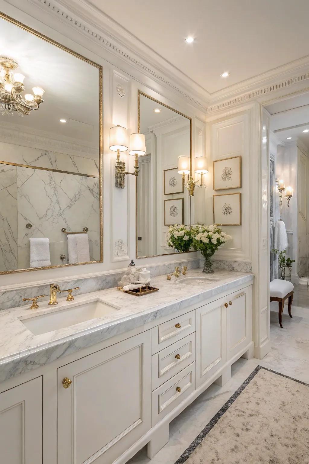 A white bathroom featuring refined marble counters, imparting a luxurious sensation.