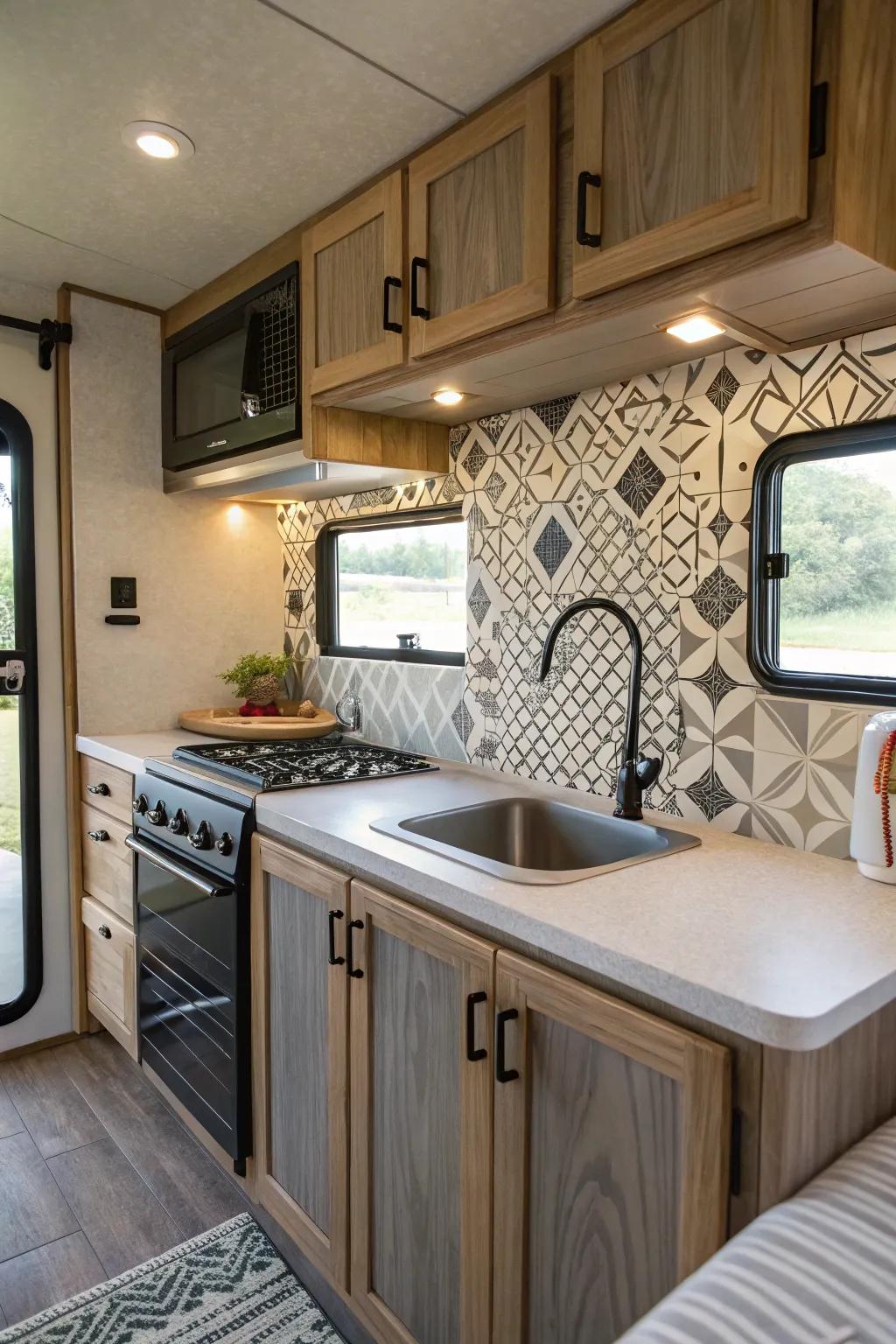 Geometric shapes bring modern and artistic flair to your RV kitchen.
