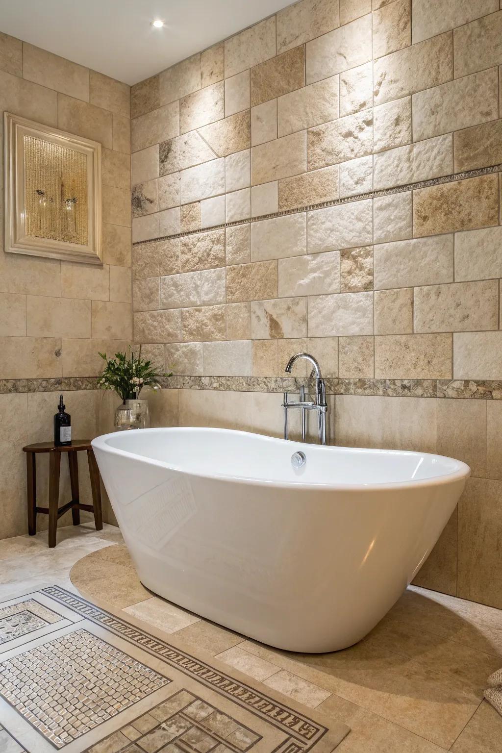 A standalone tub gracefully positioned against a backdrop of travertine tiles.