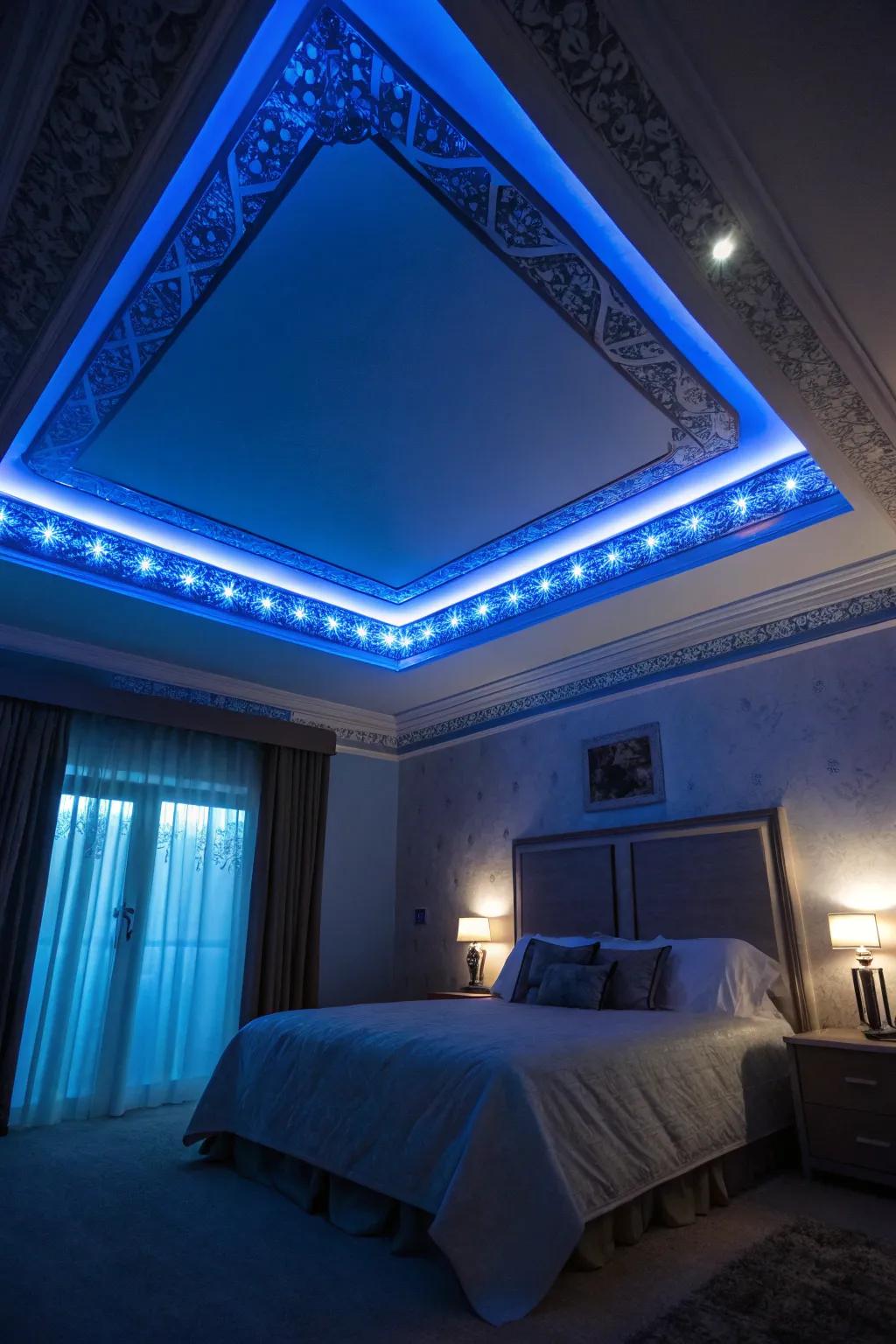 A bedroom showcasing blue LED strip lighting for a modern ambiance.