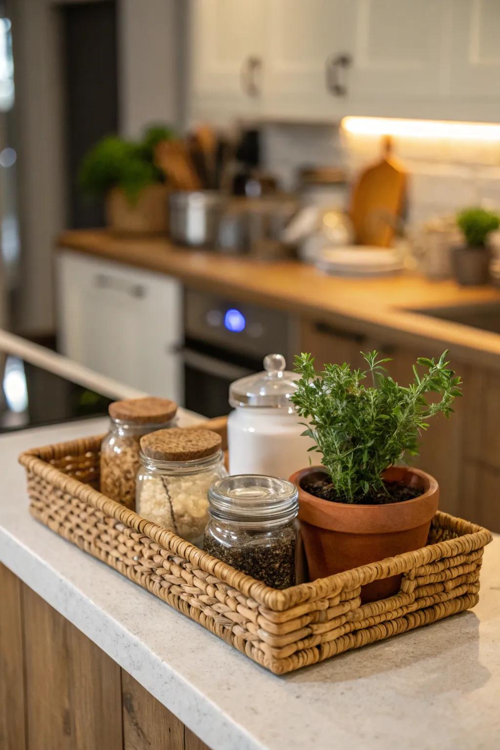 A charming kitchen space accentuated with a cozy wicker tray.