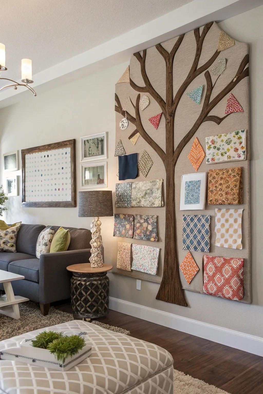 A 3D textured tree bulletin board created with fabric materials.