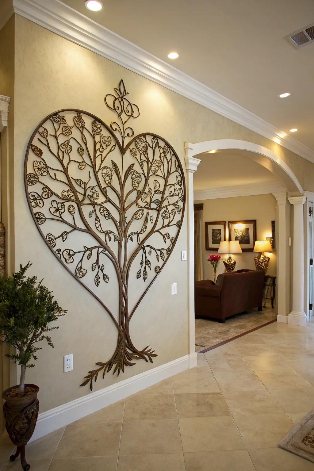 Heart-shaped Eternal Tree metallic art graces an entrance wall.