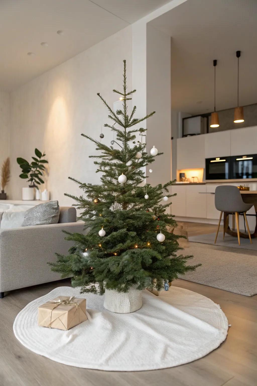 A minimalist tree skirt harmonizes seamlessly with a modern Christmas tree arrangement.