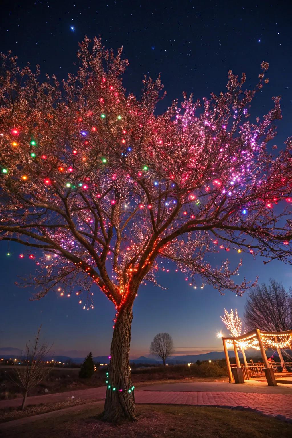 Colorful lights bring a tree to life with vibrant hues.