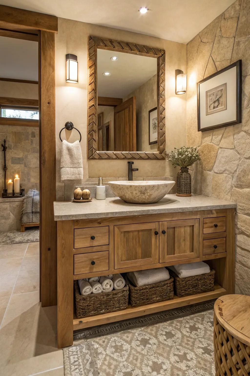 This bathroom highlights a vanity crafted from natural materials, which adds depth and warmth.