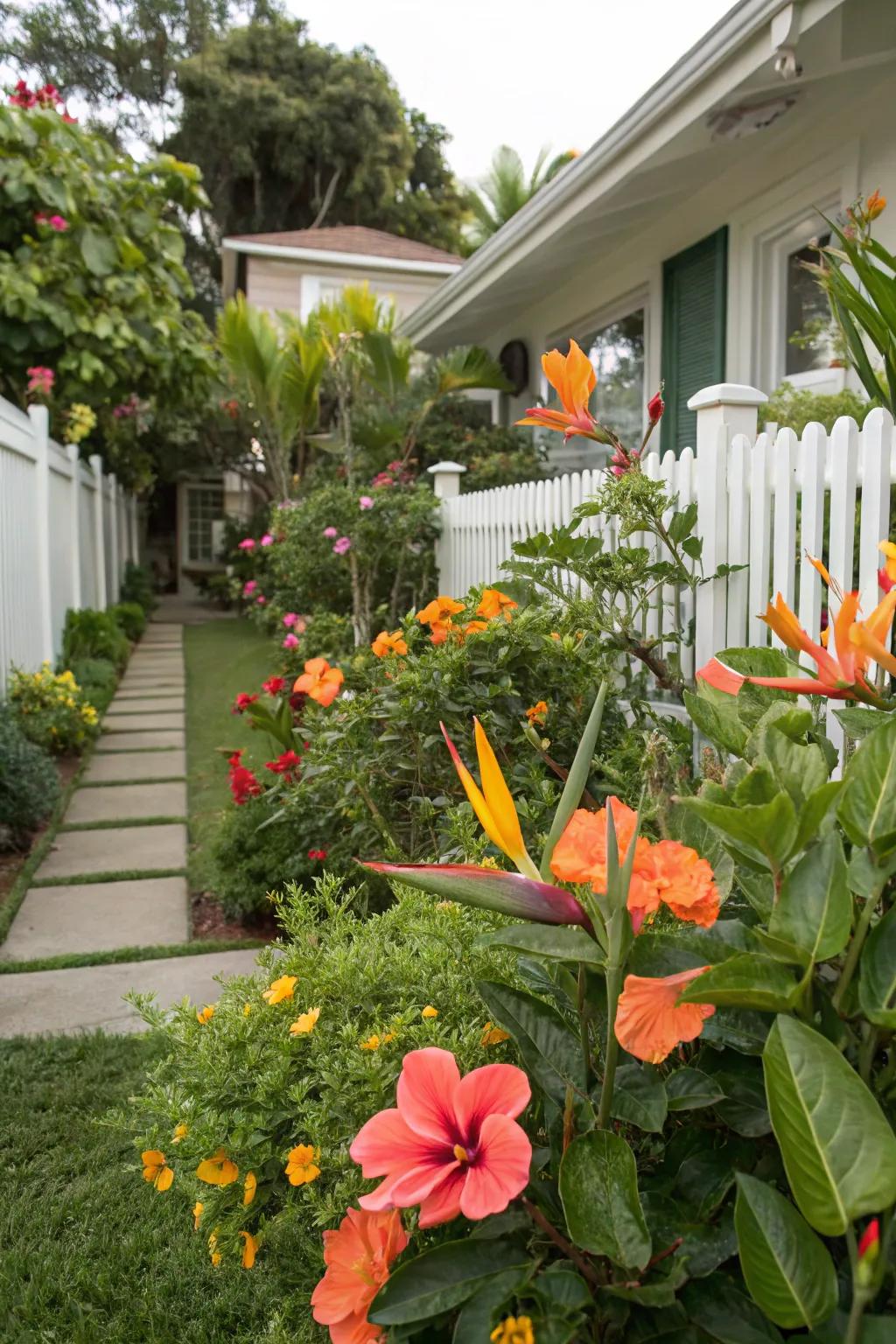 Radiant flowering shrubs and crane flowers introduce stunning hues to the garden.