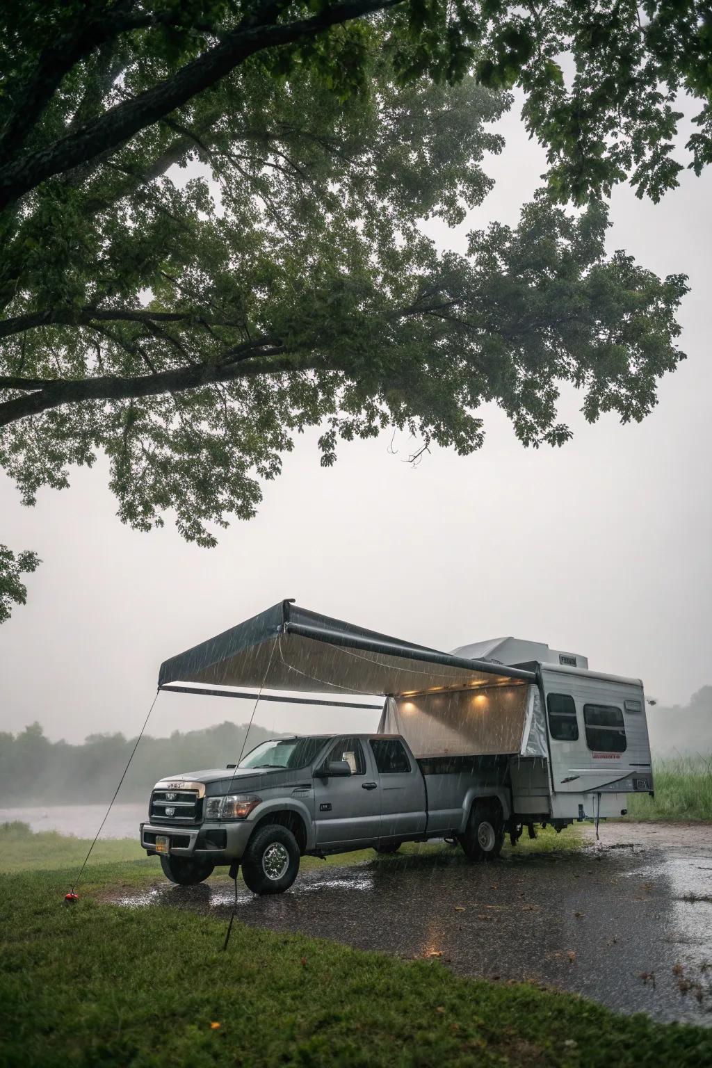 A weather-resistant awning providing protection during a light shower.