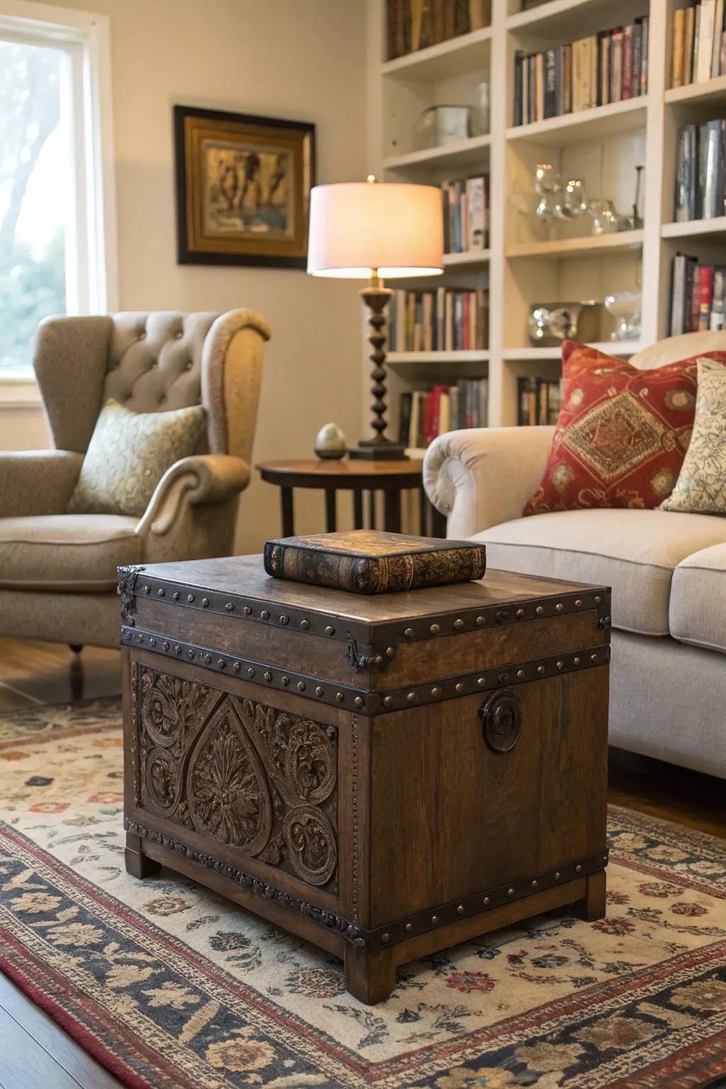 A rustic trunk makes a charming end table, perfect for a lamp and a book.