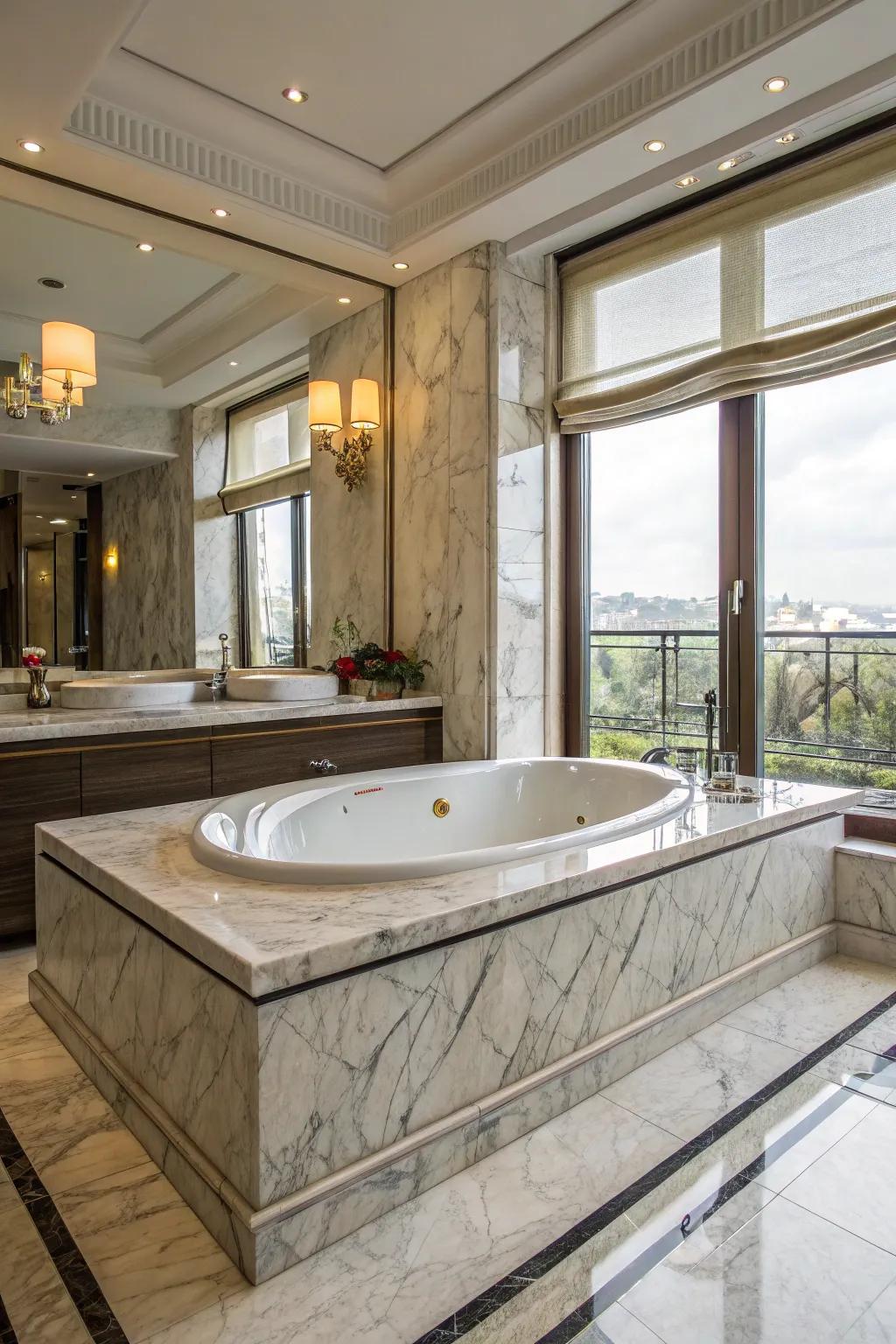 A tub deck featuring opulent marble surfaces that elevate the space.