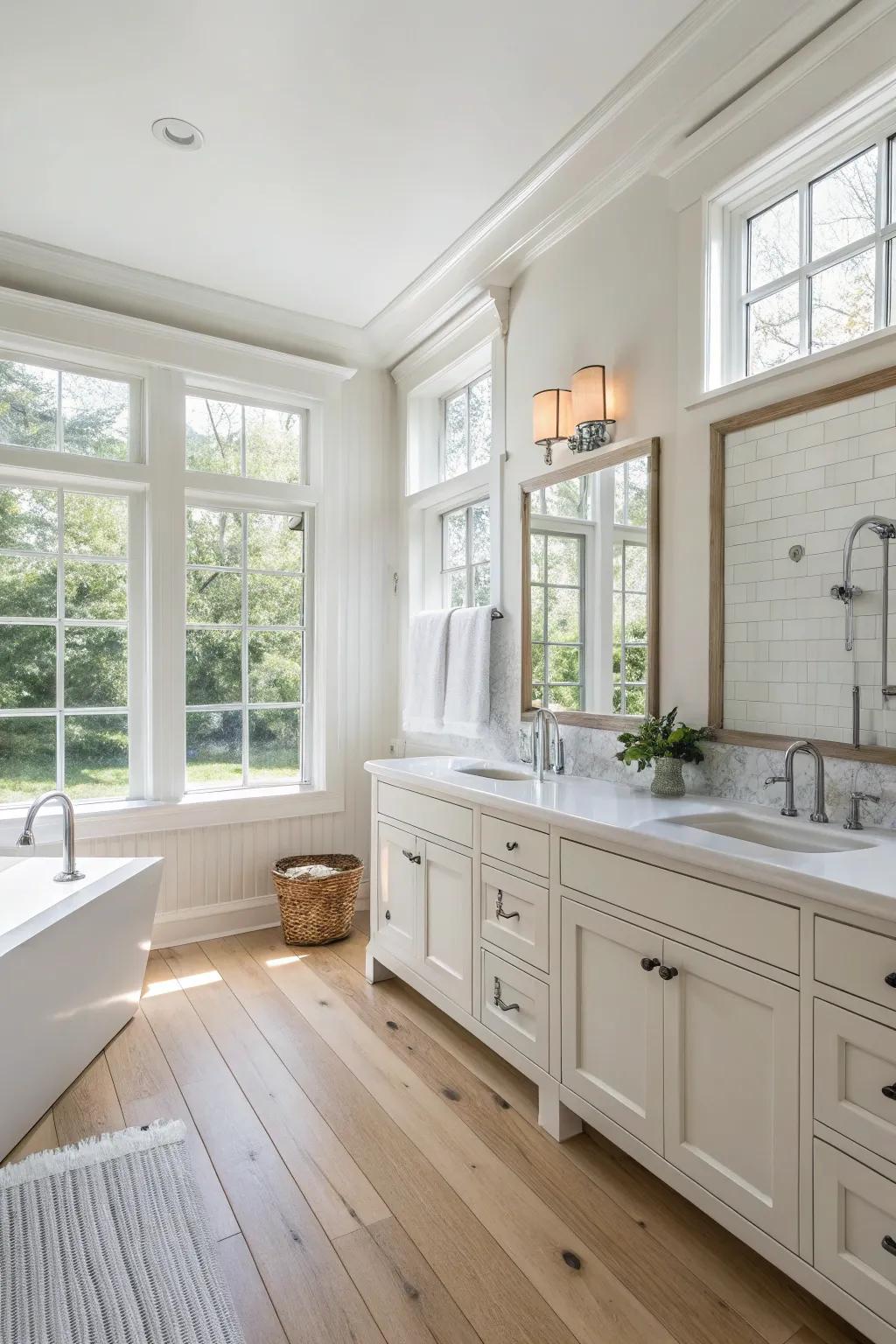 A bright and neutral color scheme fosters a spacious and welcoming bathroom environment.