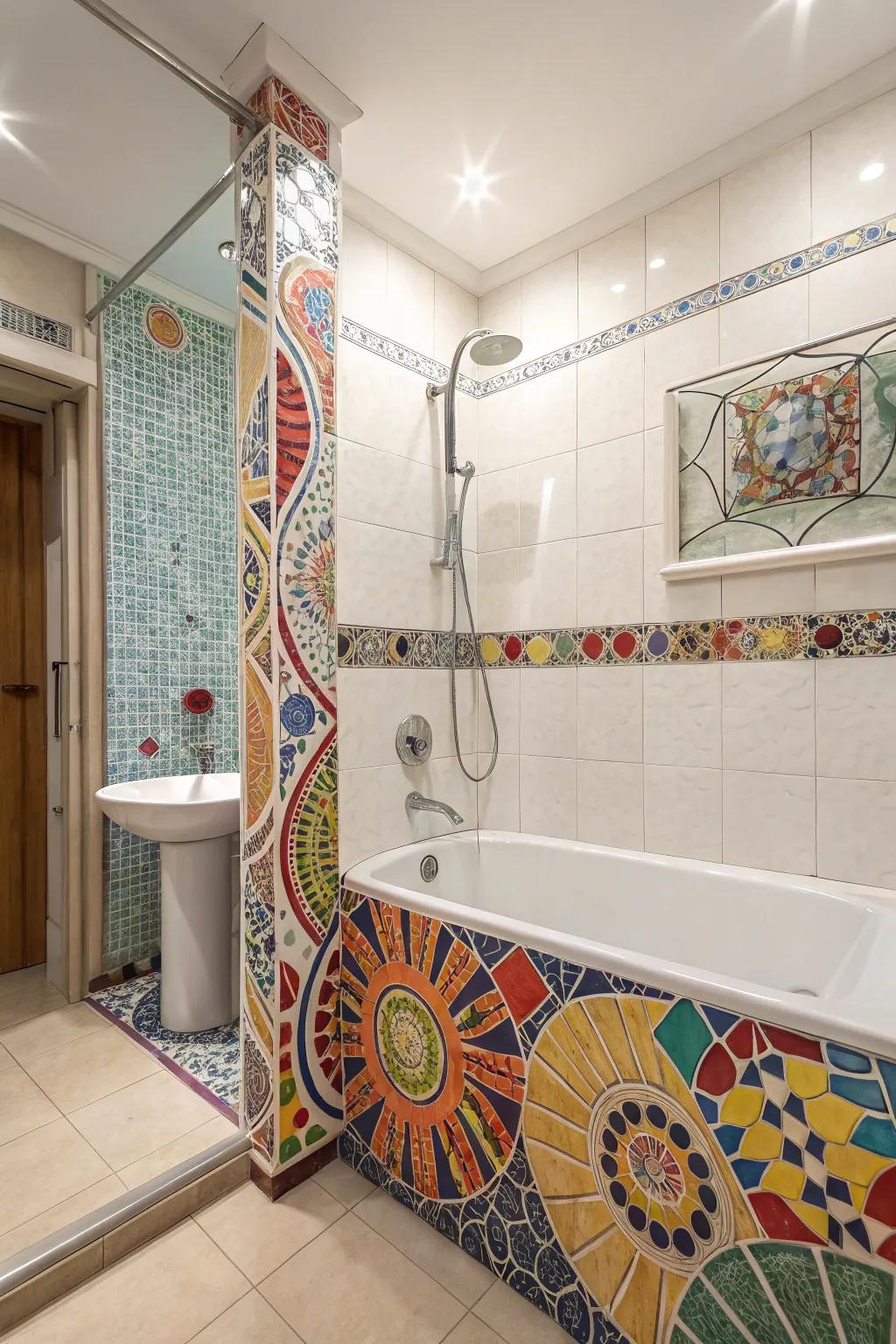 Striking mosaic tiles inject a burst of color and personality into this tub and shower area.