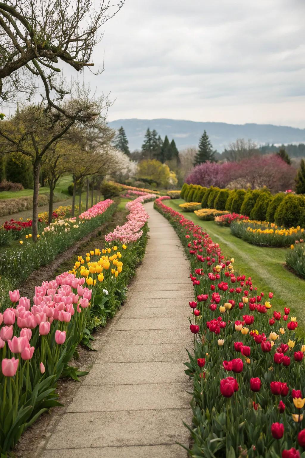 A whimsical path lined with tulips, introducing sophistication and color to the garden journey.