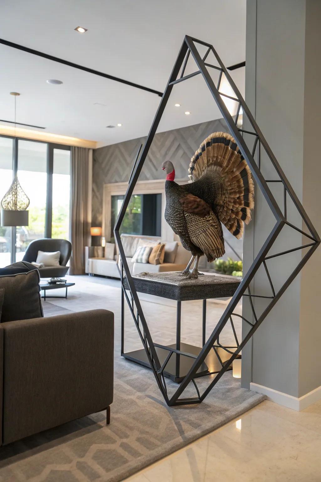A modern angular frame introduces a distinctive twist to a turkey fan mount.