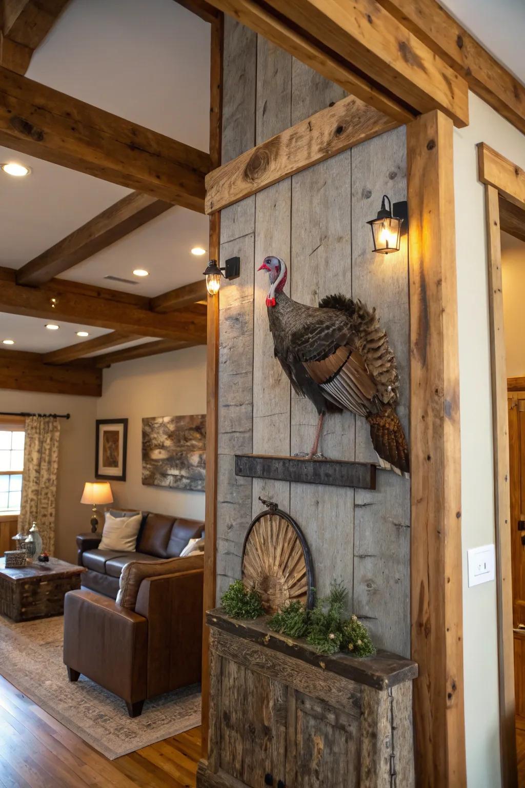 A wild fowl display beautifully arranged against weathered timber paneling.