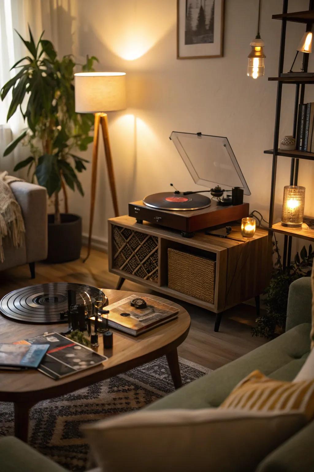 Soft lighting incorporating warmness to a record player area.
