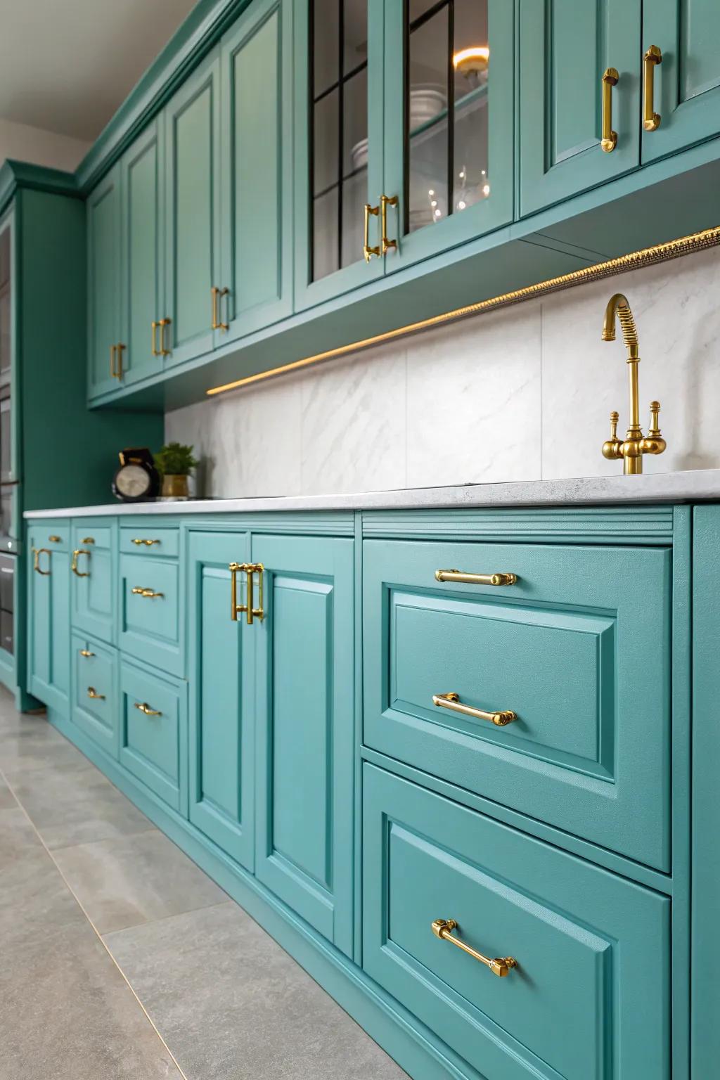 Refined brass fixtures enhancing turquoise kitchen cabinets.