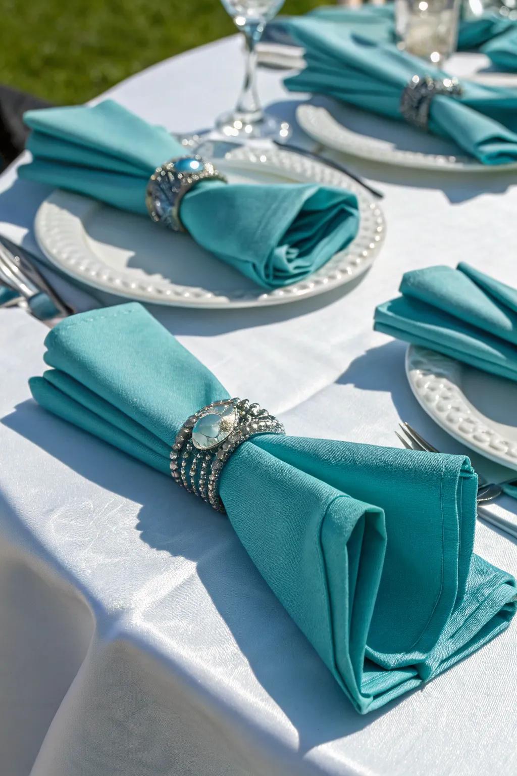 Azure napkins complemented by decorative rings inject sophistication and panache.