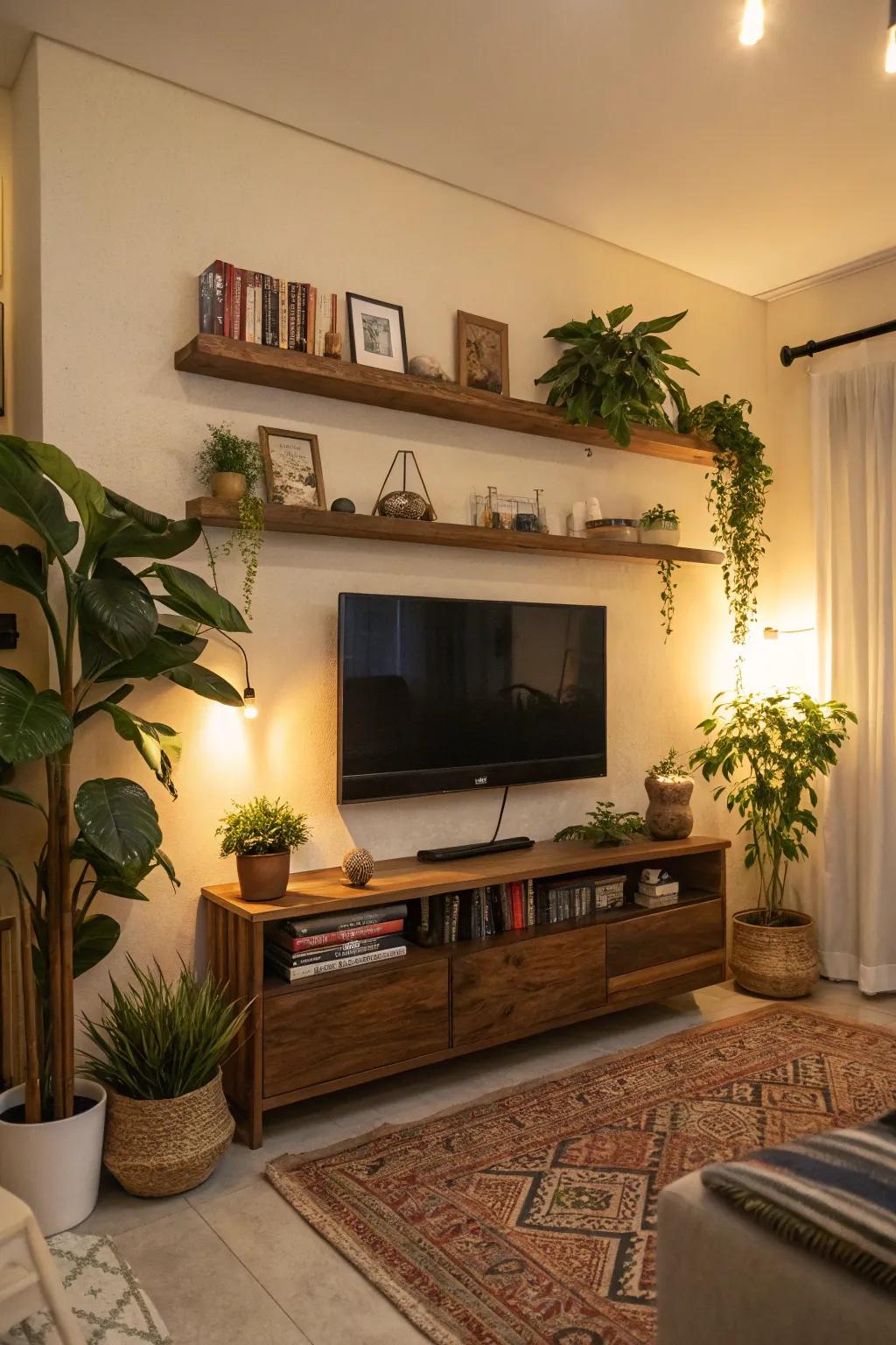 Hanging displays and plants add life to this TV feature wall, creating a lively atmosphere.