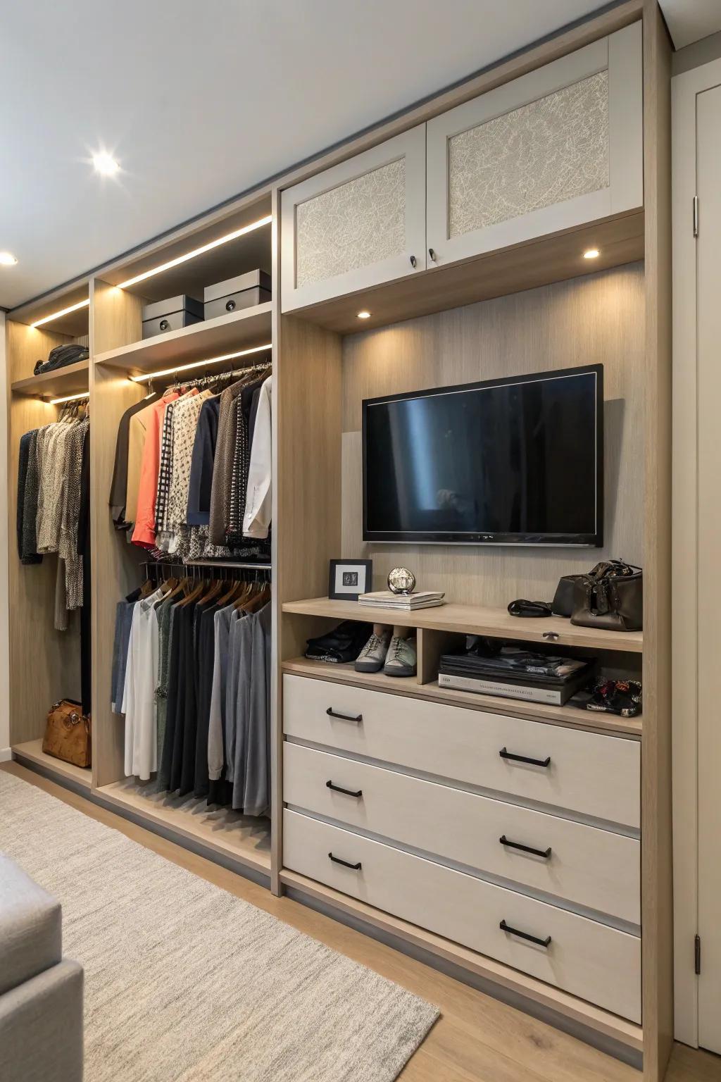 A clever fusion of closet storage and TV positioning.