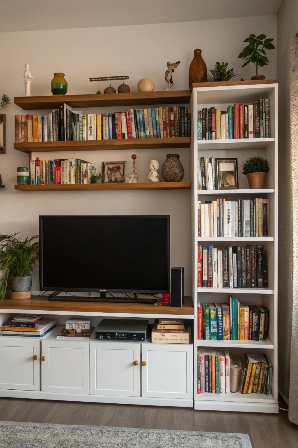 Shelving around the TV stand adding storage and flair.