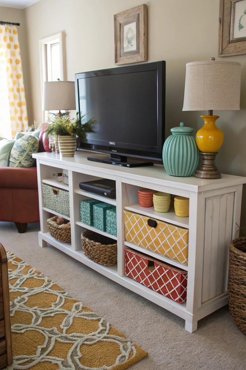 Color harmony integrates the TV area with the overall room design.