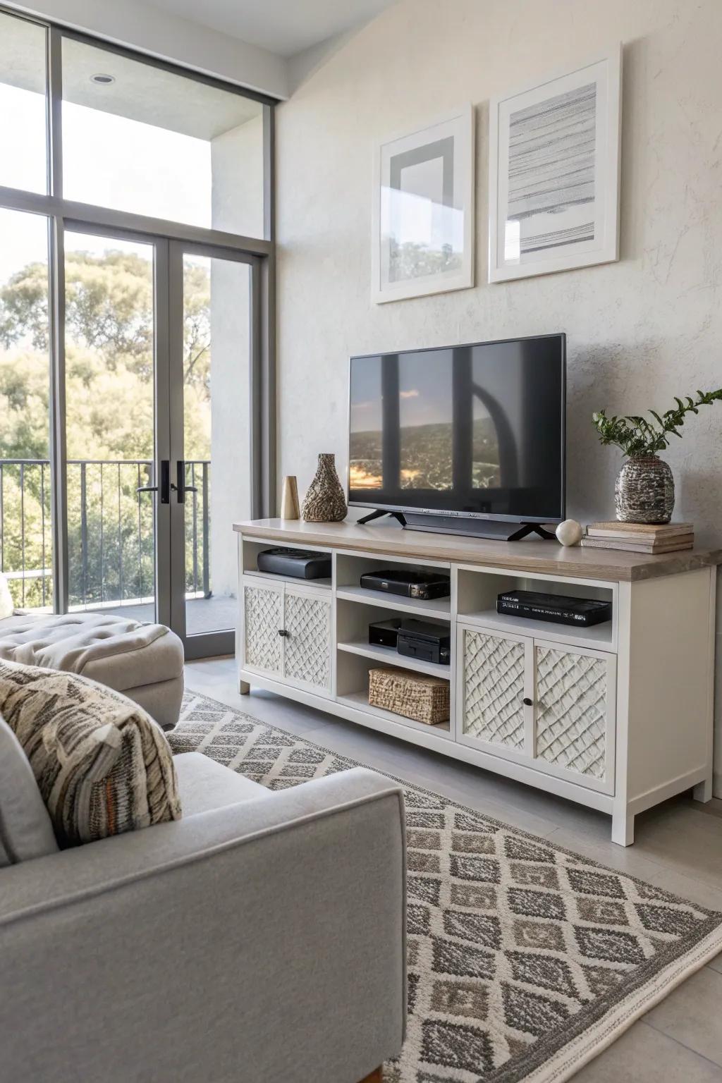 Integrated storage solutions keep media gadgets organized and tidy.