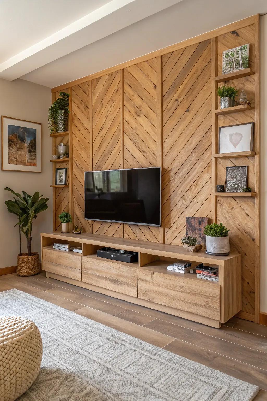 Wood-based accents contribute warmth to this media wall scheme.