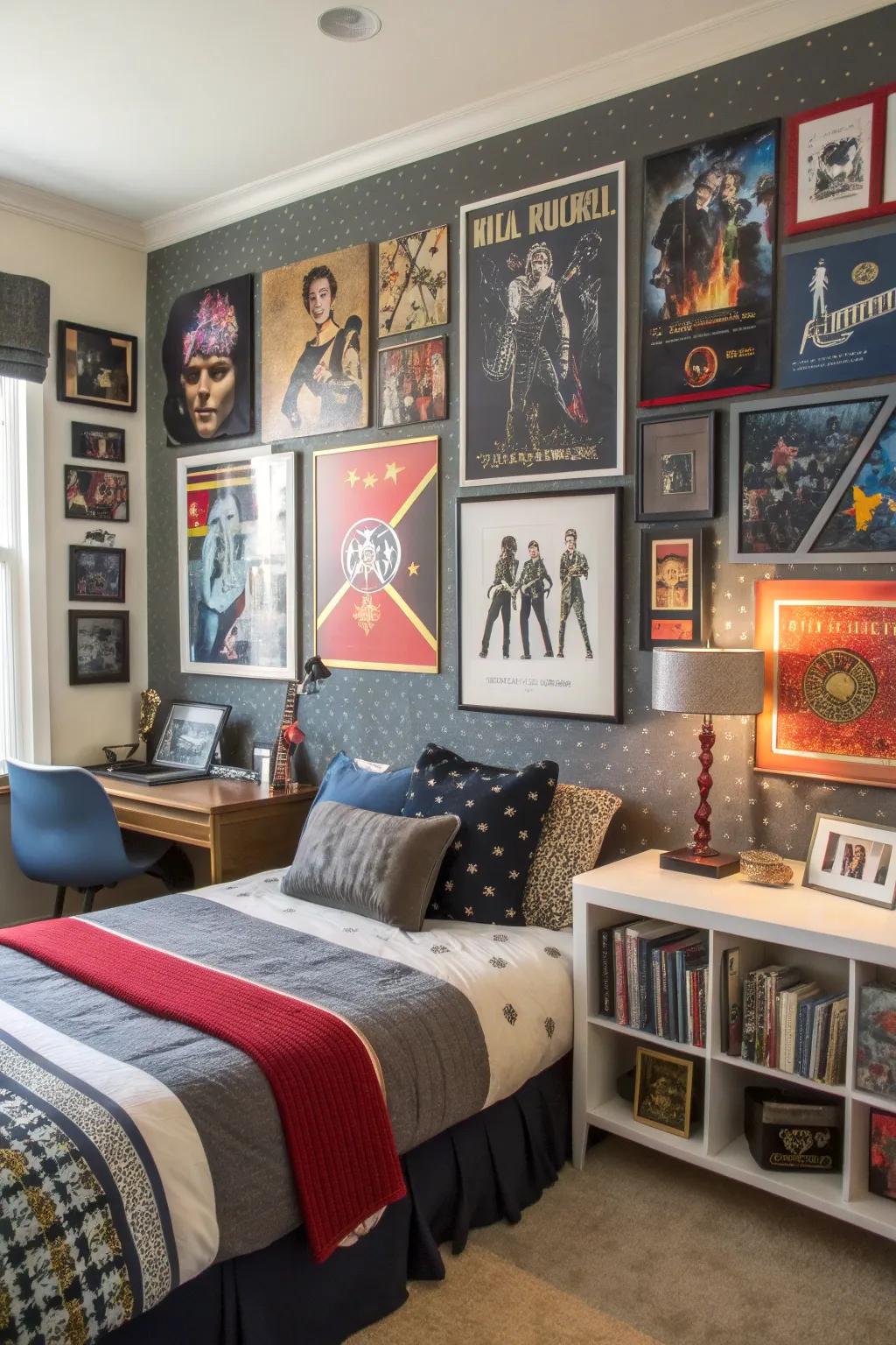 A bedroom showcasing an array of wall art and prints.