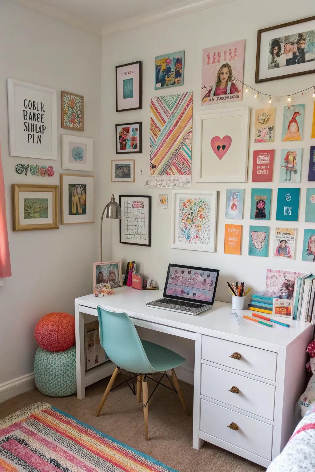 An inspiring gallery display above a workspace.