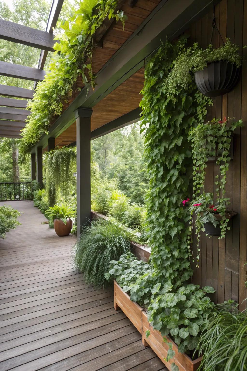 A secret garden haven beneath the deck, overflowing with lush greenery and vertical planters.