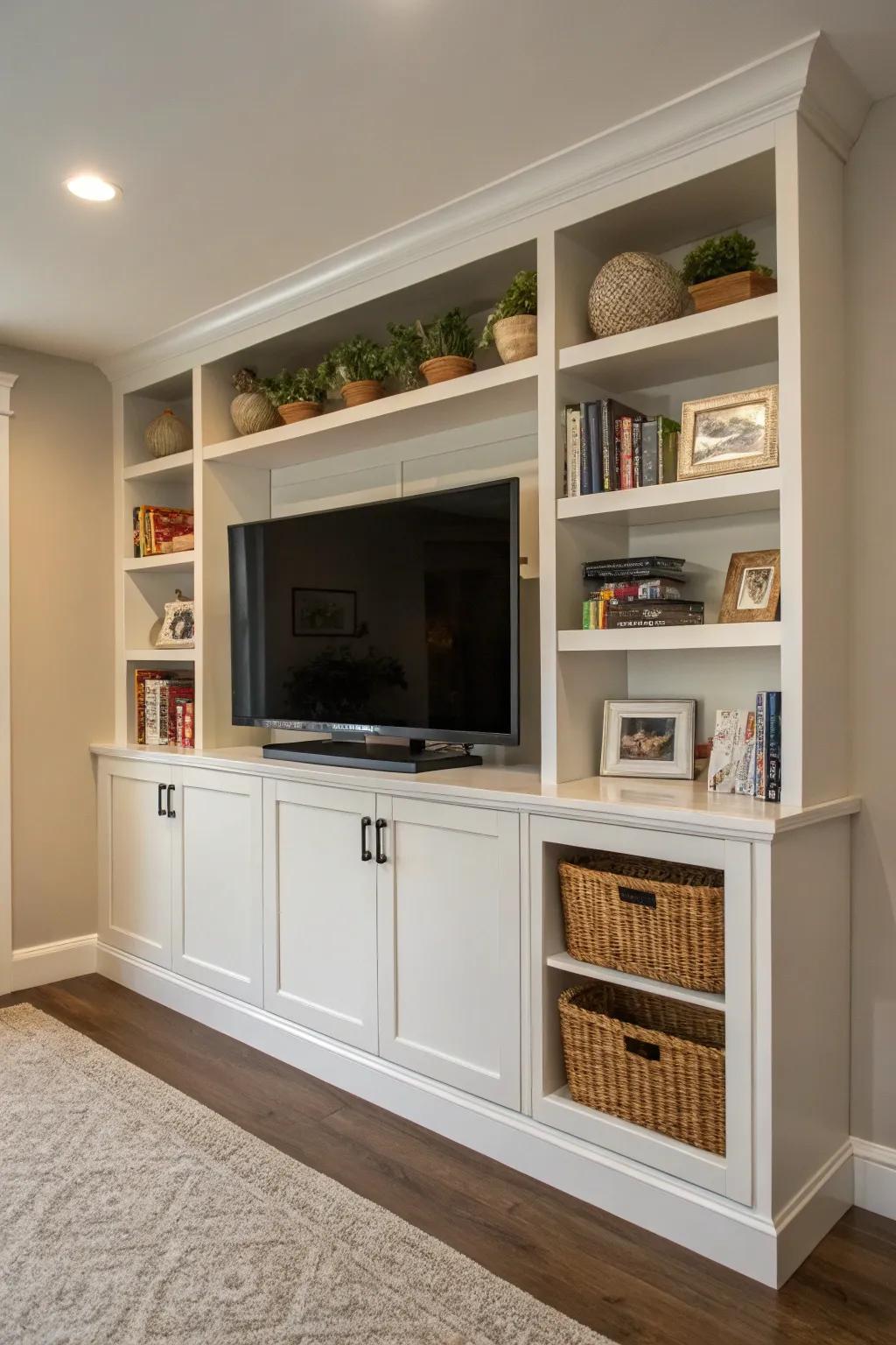 A built-in cabinet offers elegance and functionality under your TV.