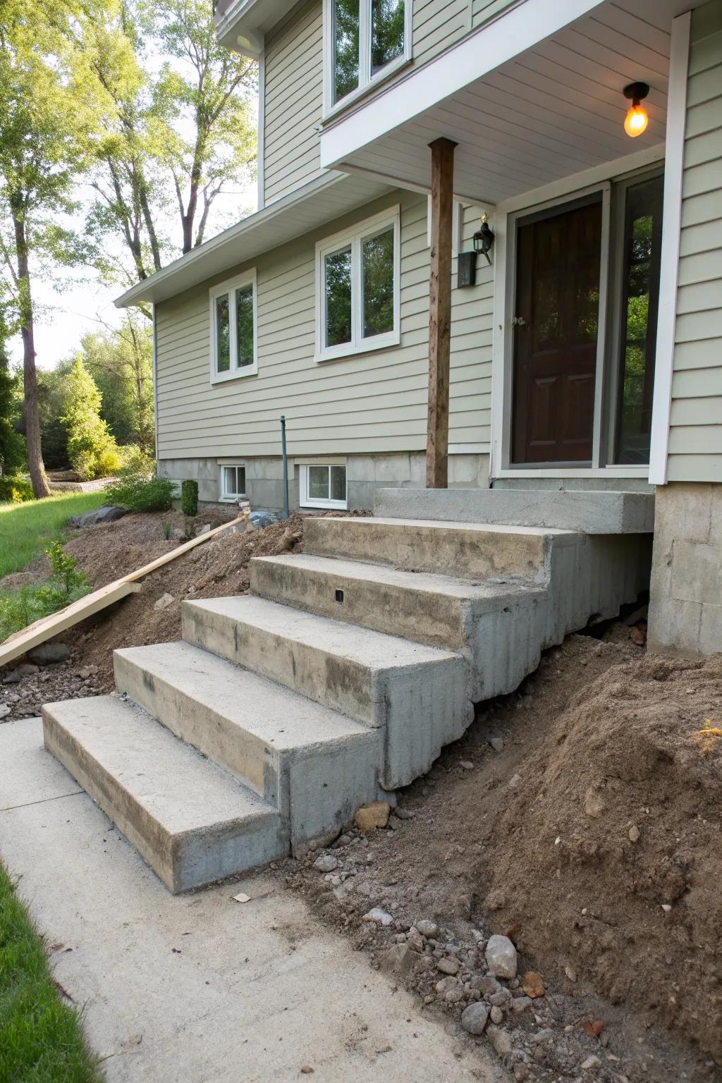 Hardened cement steps offer practicality alongside visual appeal.