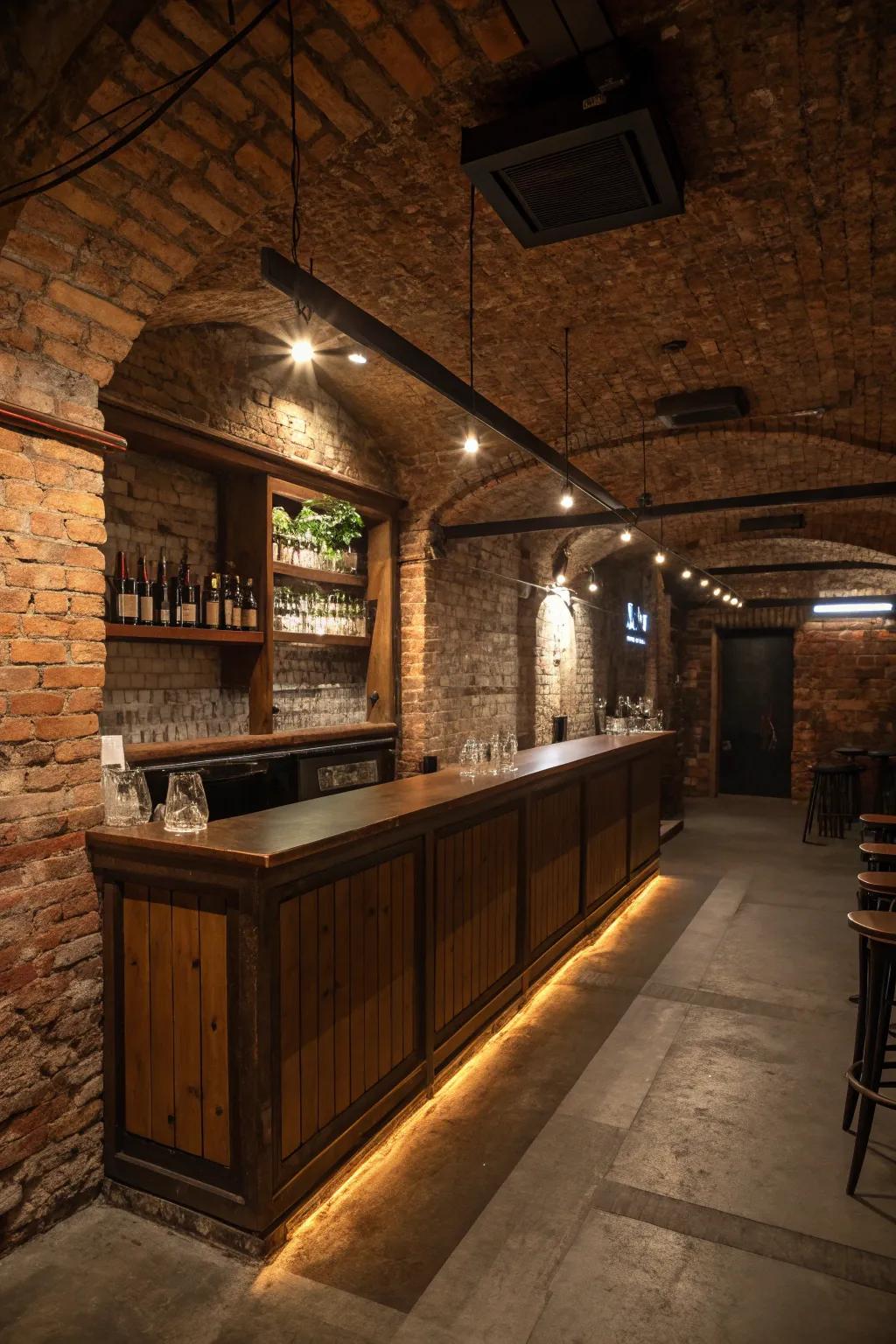 The basement bar gains rustic appeal from brick accents.